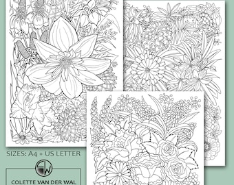 Handgezeichnete Blumen Ausmalbilder im 3er-Set (PDF Download)