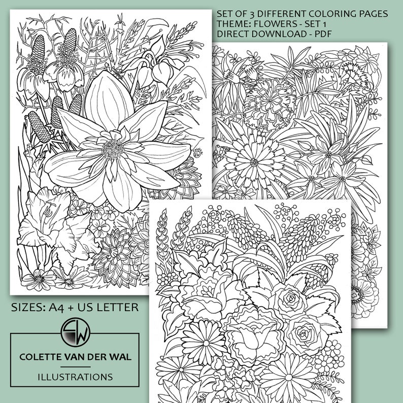 May include: Set of three black and white flower coloring pages. The pages feature detailed floral illustrations, including roses, daisies, and other botanical designs. Text on the image reads "SET OF 3 DIFFERENT COLORING PAGES THEME: FLOWERS - SET 1 DIRECT DOWNLOAD - PDF" and "SIZES: A4 + US LETTER".