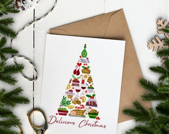 Kerstkaart met Kerst food kerstboom illustratie - Tekst: Delicious Christmas - Afdrukbaar - Directe download - 12,7 x 17,8 cm - PDF - JPG