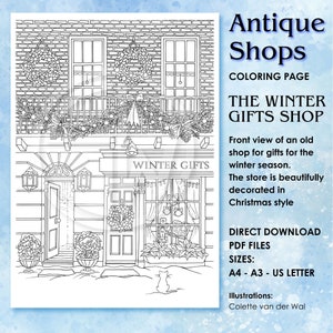 Tiendas de antigüedades - La tienda de regalos de invierno, página para colorear - frente de la tienda - ilustrado a mano - descarga instantánea - Tamaño PDF: A4 + A3 + Carta de EE. UU.