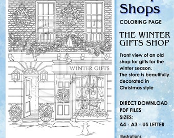 Antiekwinkels - The Winter Gifts Shop, kleurplaat - winkelfront - hand geïllustreerd - direct downloaden - PDF-formaat: A4 + A3 + US Letter