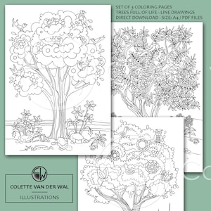 Vrolijke Bomen kleurplaten - set van 3 verschillende afbeeldingen - handgetekende illustraties - directe download - PDF - Formaat: A4