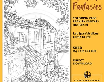 Spanish Houses Coloring Page, Hand Illustrated (PDF Download)