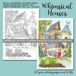 Whimsical Houses - set1,  adult coloring pages - set of 10 different images - hand illustrated - instant download - PDF Size: A4 + US Letter