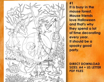 Amis souris préparant une fête d'Halloween #1 - coloriage - 1 image - illustré à la main - Pas d'IA - téléchargement direct - PDF - A4 + US Letter