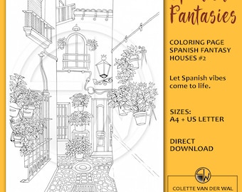 Spanish Houses Coloring Page, Hand Illustrated (PDF Download)