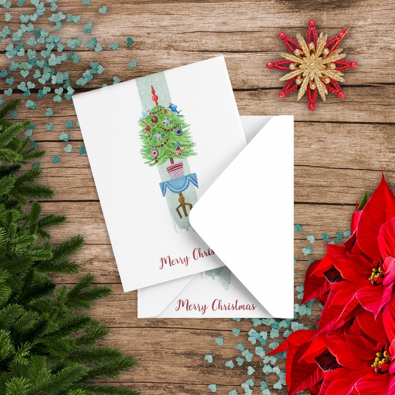 Kerstkaart met kerstboom illustratie in fifties stijl Tekst: Merry Christmas Afdrukbaar Directe download 12,7 x 17,8 cm PDF JPG afbeelding 1