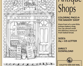 Kleurplaat oude bakkerij #1 - Thema Antieke winkeltjes - handgetekende illustratie bakkerij - directe download PDF - Formaat: A4 +USLetter