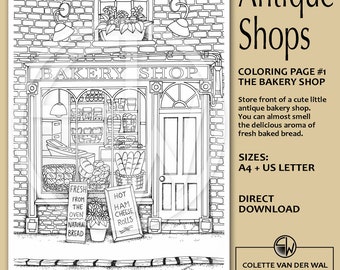 Bakery Shop Coloring Page - Hand-Drawn Antique Storefront (PDF Download)