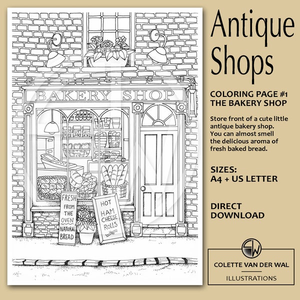 Antique Shops - #1 Bakery Shop,  coloring page - Bakery store front - hand illustrated - instant download - PDF Size: A4 + US Letter