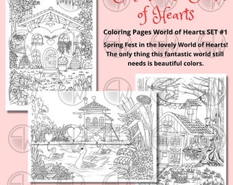 Whimsical World of Hearts - set 1, pages à colorier fantastiques - 3 images - illustrées à la main - téléchargement instantané - Taille PDF : A4 + US Letter