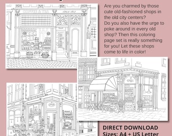 Old Shop Fronts Coloring Pages – Set of 3, Hand Drawn (PDF Download)