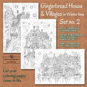 Gingerbread House & Villages in Winter - set 2,  coloring pages - 3 images - hand illustrated - instant download - PDF Size: A4 + US Letter