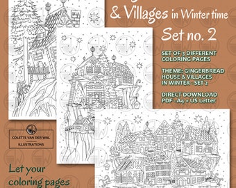 Gingerbread huis & dorpjes in de winter - set 2,  kleurplaten 3 afbeeldingen - hand geïllustreerd - Directe Download - PDF - A4 + US Letter