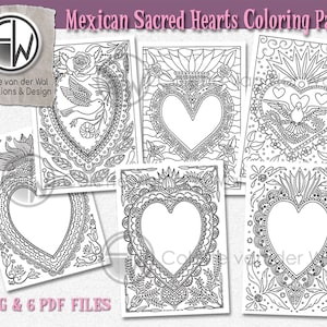 Afdrukbare kleurplaten van het Heilige Hart – 6 Mexicaanse volkskunstontwerpen voor Valentijnsdag en Moederdag – Direct te downloaden PDF