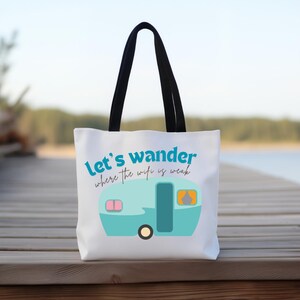 Adventure Tote Bag, Let&#39;s Wander Camping Tote, Boho Beach Bag, Travel Gift, Eco-Friendly Reusable Bag, Outdoor Adventure Tote