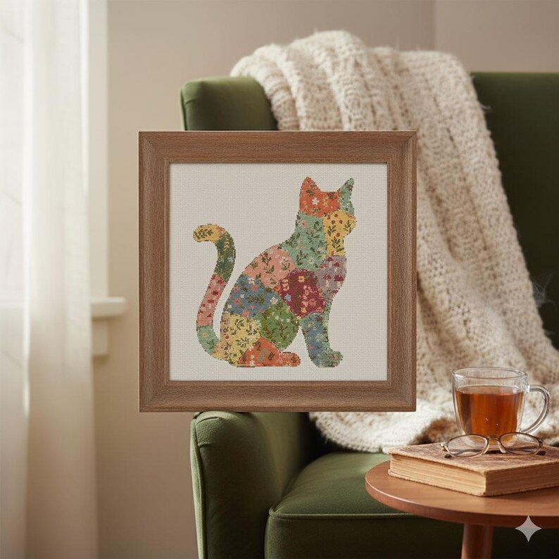Pu&ograve; includere: Un'opera d'arte incorniciata con la sagoma di un gatto patchwork. Il gatto &egrave; composto da vari pezzi di tessuto a fantasia floreale nei toni del rosa, giallo, verde e rosso. La cornice &egrave; in legno.