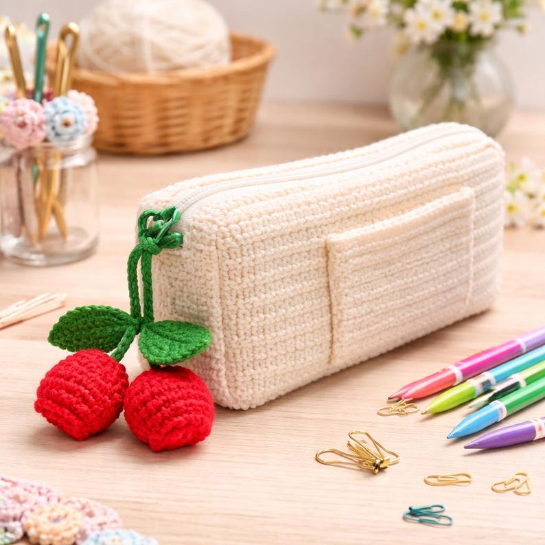 Cherry Zipper Pencil Pouch crochet pattern listing photo by UrbanchicTreasuresOn