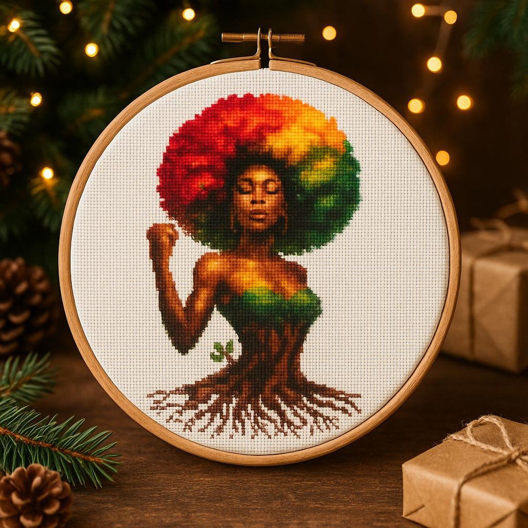 Afro Goddess Cross Stitch Pattern, Earth Woman Tree of Life Embroidery ...