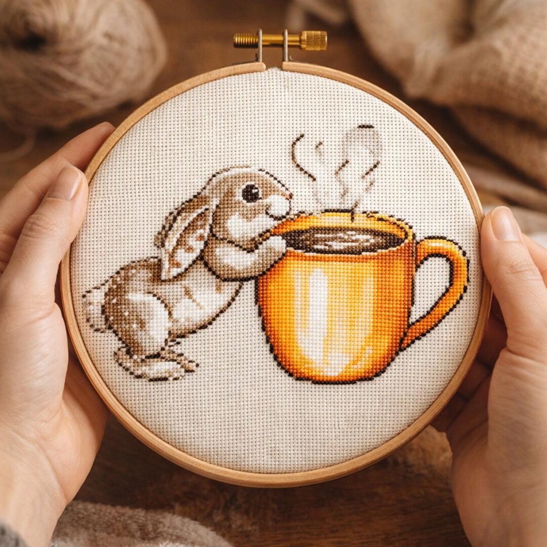Easter Bunny Cross Stitch Pattern PDF, Cute Rabbit With Coffee Mug ...