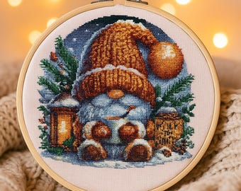 Christmas Gnome Cross Stitch Pattern PDF, Cozy Winter Embroidery Design, Holiday Lantern , Festive Gnome Digital Download