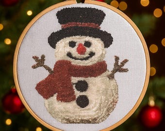 Patrón de punto de cruz de muñeco de nieve en PDF, diseño clásico de bordado navideño, decoración navideña invernal, arte mural festivo, descarga instantánea
