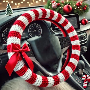 May include: Red and white striped knitted steering wheel cover with a red satin bow. The cover is made of soft yarn and is perfect for adding a festive touch to your car.