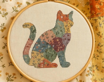 Patchwork Cat Cross Stitch Pattern – Colorful Quilted Kitty Embroidery PDF – Modern Animal Stitch Design – Cozy Home Décor Cross Stitch