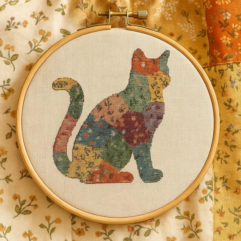 Pu&ograve; includere: Ricamo a punto croce di un gatto in un telaio di legno. Il gatto &egrave; composto da varie toppe di tessuto nei toni dell'arancione, verde, blu e giallo. Lo sfondo &egrave; un tessuto color crema.