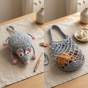 Foldable Mouse Market Bag Crochet Pattern PDF, Reusable Mesh Shopping Bag, Animal Tote, Grocery Bag Digital Download