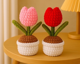Crochet Tulip Flower Pattern PDF, Amigurumi Potted Tulip Tutorial, Digital Spring Decor Crochet Pattern