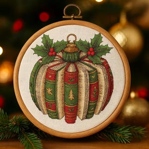 May include: A Christmas ornament cross-stitch design in a wooden embroidery hoop. The ornament is shaped like a Christmas ball made of books, with green and red covers, holly leaves, and red berries. The background is blurred with Christmas lights.