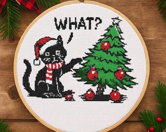 Funny Cat Christmas Cross Stitch Pattern PDF – Mischievous Cat and Tree Design, Holiday Embroidery, Xmas Wall Art, Instant Download