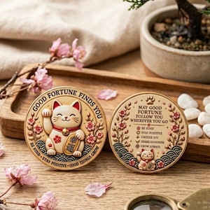 May include: Two circular gold-toned metal coins featuring a raised relief of a beckoning cat. One side displays the text GOOD FORTUNE FINDS YOU and BE KIND STAY POSITIVE GOOD THINGS GROW. The other side reads MAY GOOD FORTUNE FOLLOW YOU WHEREVER YOU GO.