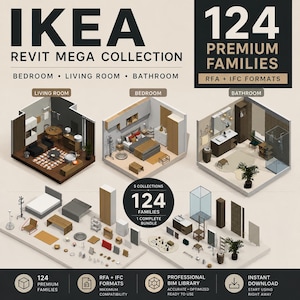May include: An advertisement for an IKEA Revit Mega Collection featuring 124 premium families. The image showcases 3D models of living room, bedroom, and bathroom designs. The image also includes a variety of furniture and decor items.