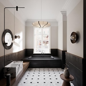 Puede incluir: Un baño moderno con una bañera negra, un lavabo de mármol blanco y un suelo de baldosas de ajedrez negro y blanco. El baño tiene una ventana grande con persianas blancas y una lámpara colgante negra que cuelga del techo.