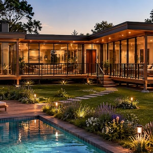 Op de afbeelding: Buitenaanzicht van een modern huis in de schemering. Het huis heeft grote glazen ramen, houten gevelbekleding en een plat dak. Een zwembad en ligstoelen staan op de voorgrond, met een goed onderhouden gazon en landschapsarchitectuur. De scène wordt verlicht door buitenverlichting.