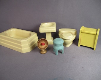 Vintage Wooden Dollhouse Furniture - Strombecker Six Piece Bathroom Set - 1:16 Scale
