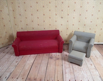Vintage Dollhouse Living Room Furniture - 1:12 Sofa, Chair and Ottoman - Made in Germany