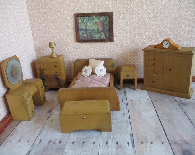 Vintage Wood Dollhouse Furniture Nancy Forbes 7 Piece Bedroom Set Nancy
