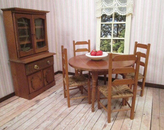 Vintage Dollhouse Dining Room Furniture Round Drop Leaf Table, 4 Chairs