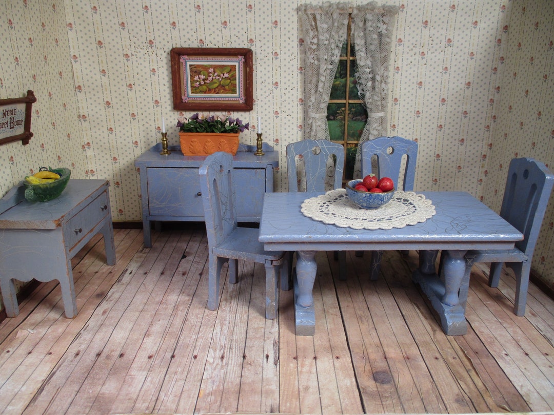 Vintage Strombecker Dollhouse Furniture Complete 532 Dining Room Blue