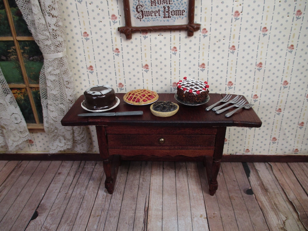 Vintage German Doll House Furniture Red Stain Dropleaf Buffet Table 1