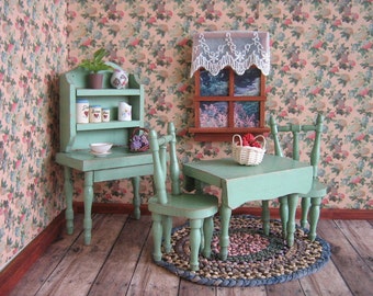Vintage Dollhouse Kitchen Furniture - Menasha Woodenware - Open Cupboard, Table and Two Chairs - 1930's