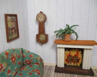 Vintage Dollhouse Furniture - HTF Kage Banjo Clock with Flower Decal - 1930s - 1:16 Scale