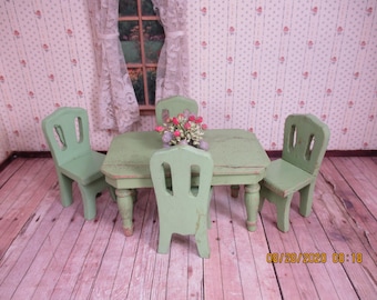Vintage Dollhouse Furniture - Schoenhut Green Chairs and Table - 1930's - 1:16 Scale