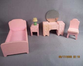 Vintage Dollhouse Furniture - Strombecker Pink Bedroom Set - 1:16 Scale - 1940's