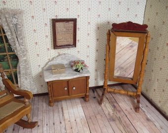 Antique Dollhouse Furniture - Schneegas Golden Oak Cheval Mirror - 1:12 Scale - 1880