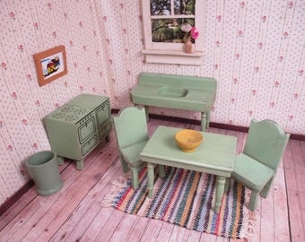 Vintage Dollhouse Furniture - Strombecker Green Kitchen - Early 1930's - 1:16 Scale