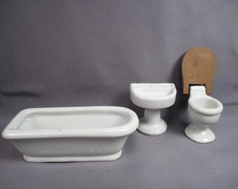 Vintage Dollhouse Furniture - Three Piece Ceramic Bathroom Set - Made in Japan - Mid 20th Century